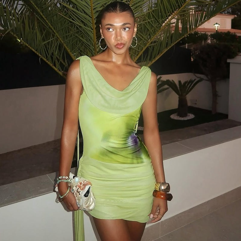 Fashion Sexy Print Backless Lace-up Sheath