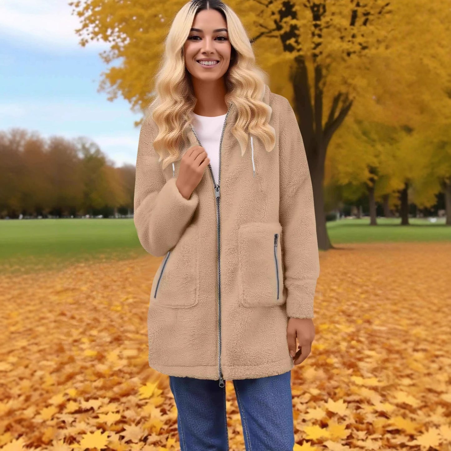 Winter Zipper Pocket Lamb Wool Coat