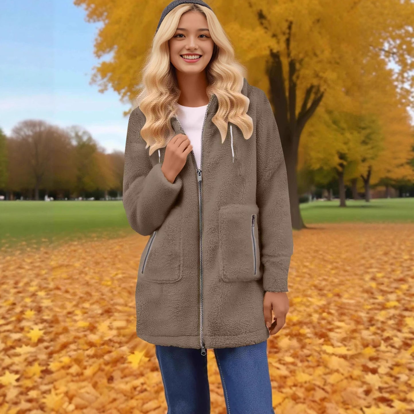 Winter Zipper Pocket Lamb Wool Coat