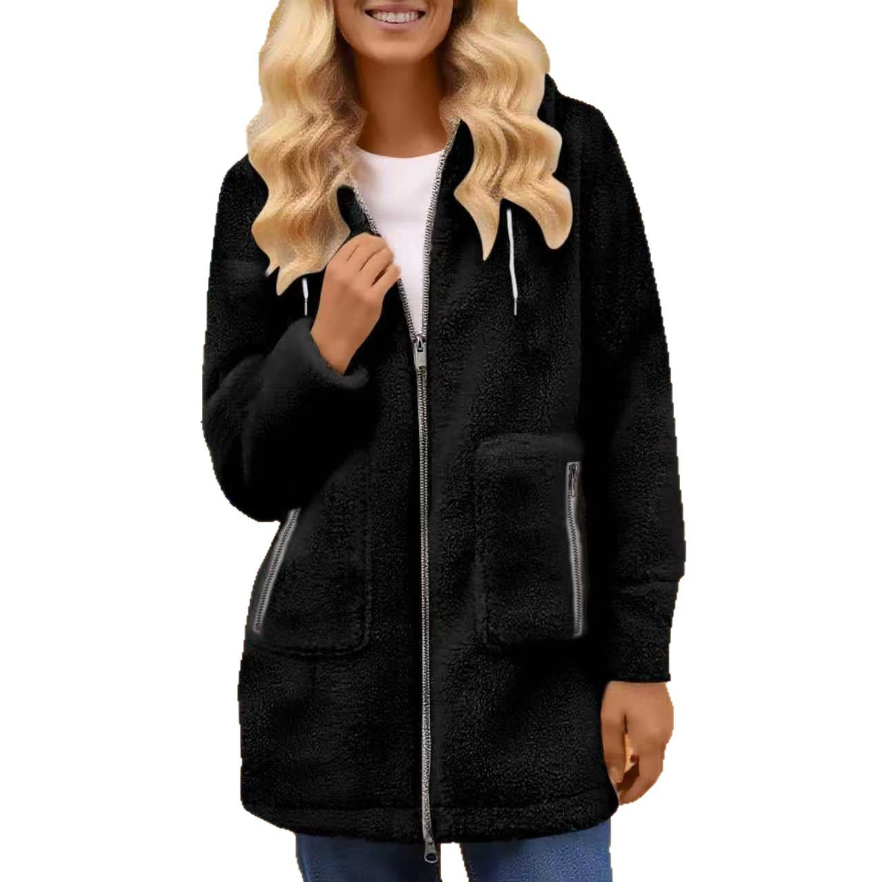 Winter Zipper Pocket Lamb Wool Coat